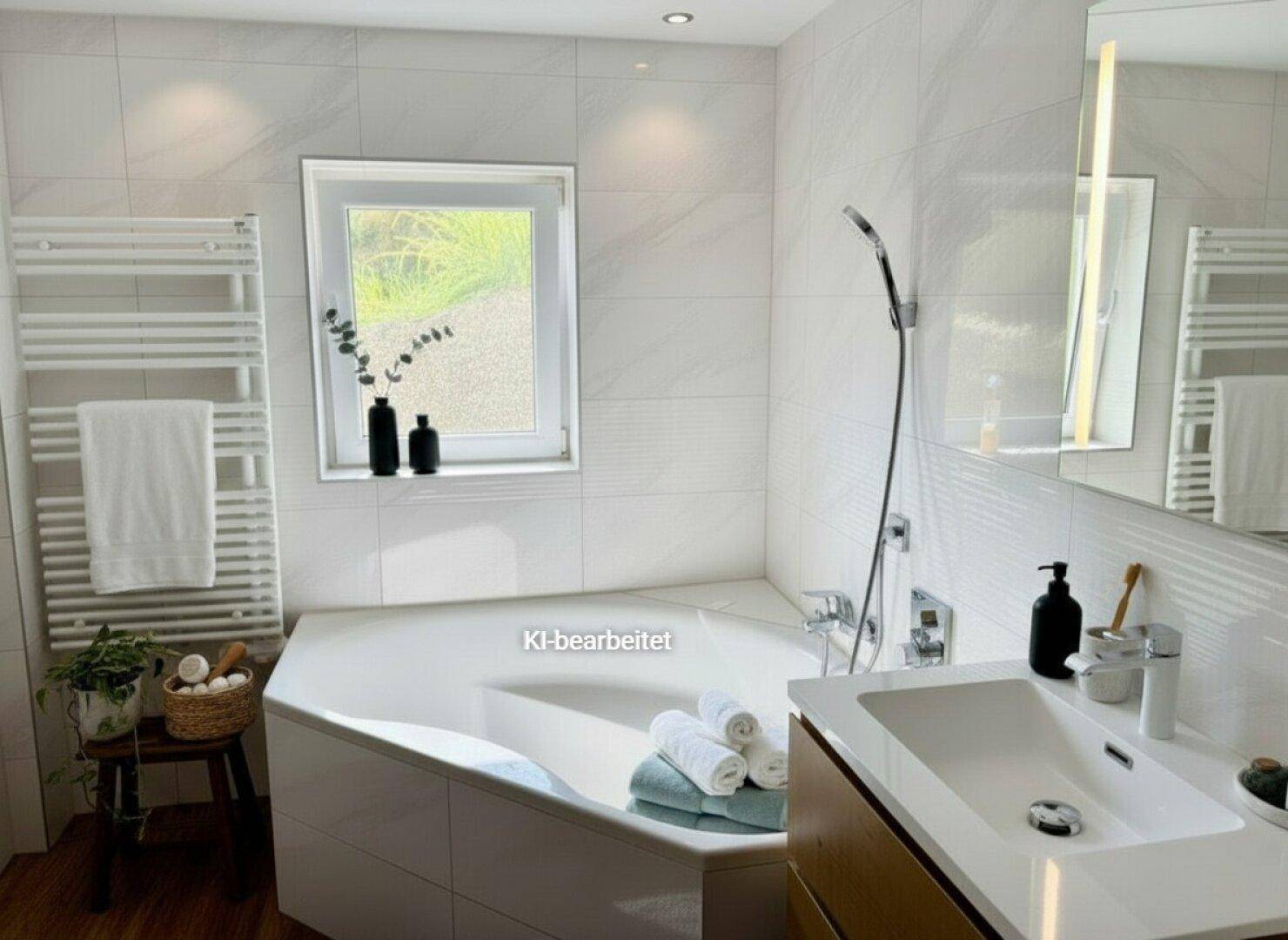 Modernes Badezimmer mit weißen Fliesen, Eckbadewanne, Einzelwaschbecken und beheiztem Handtuchhalter.