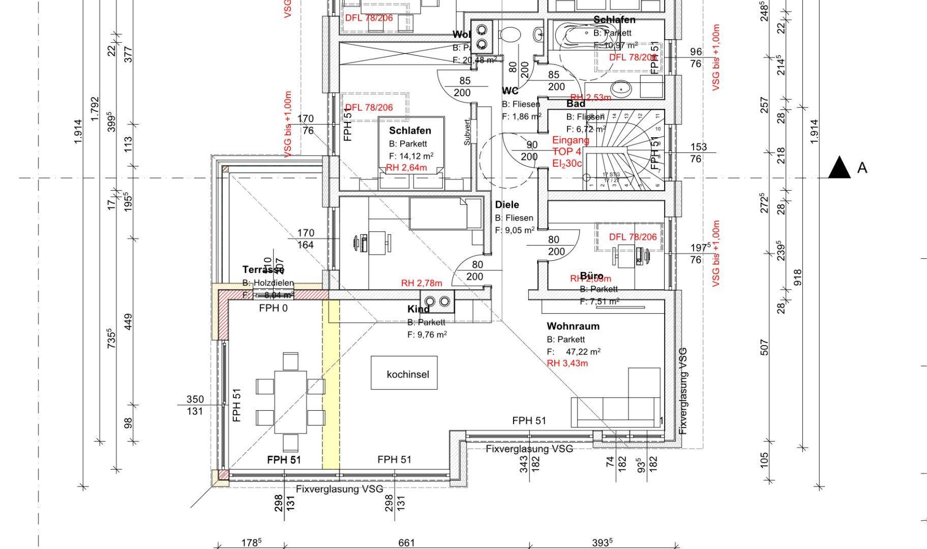 Detaillierter Grundriss einer Wohnung mit Wohnbereich, Küche und Terrasse.