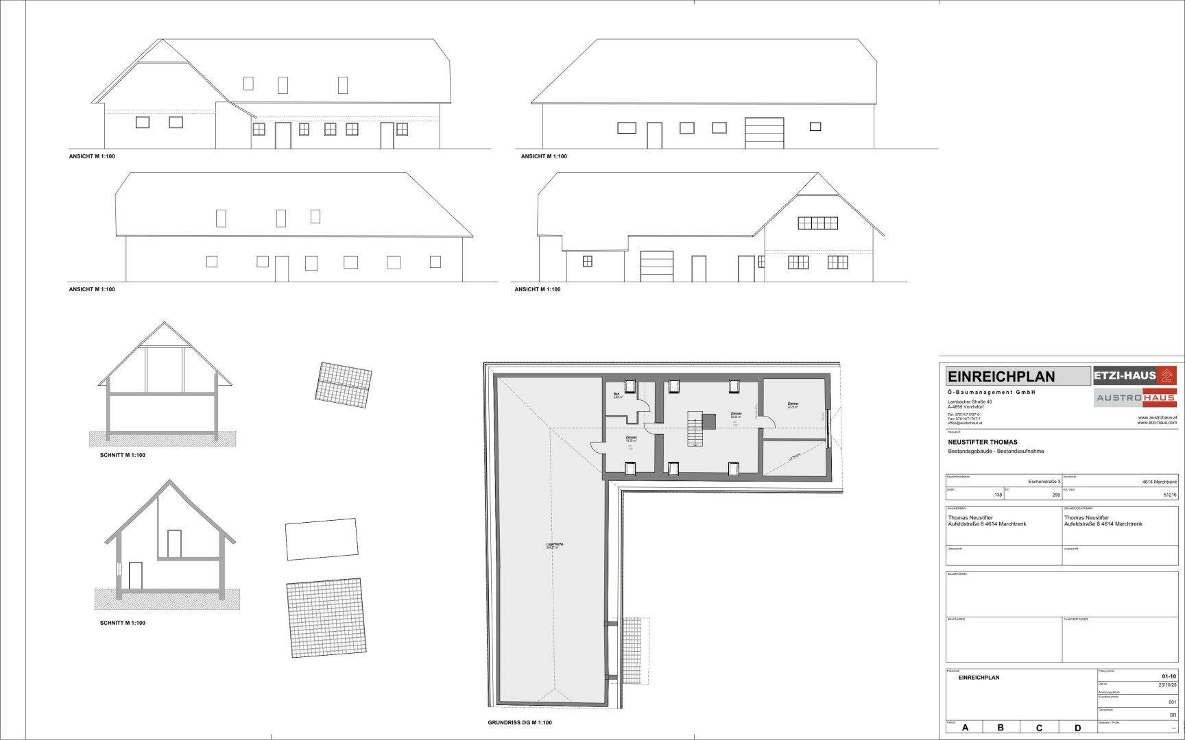 Architektonischer Einreichplan mit Ansichten, Schnitten und einem Teilgrundriss des Gebäudes.