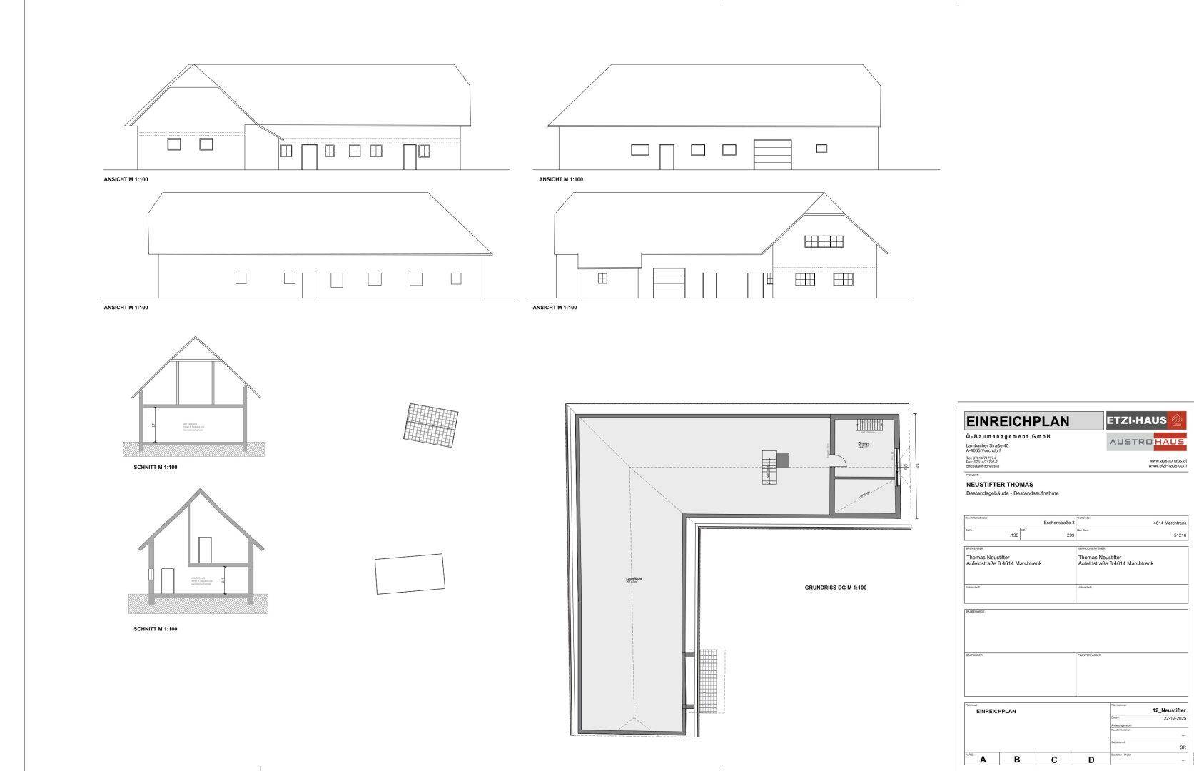 Architektonischer Einreichplan mit Ansichten, Schnitten und einem Teilgrundriss des Gebäudes.