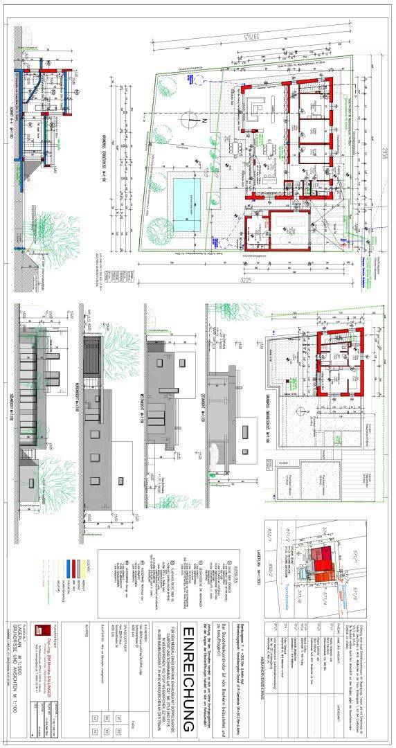Umfassender Bauplan mit Grundrissen, Ansichten und einem Grundstücksplan inklusive Pool und Garage.