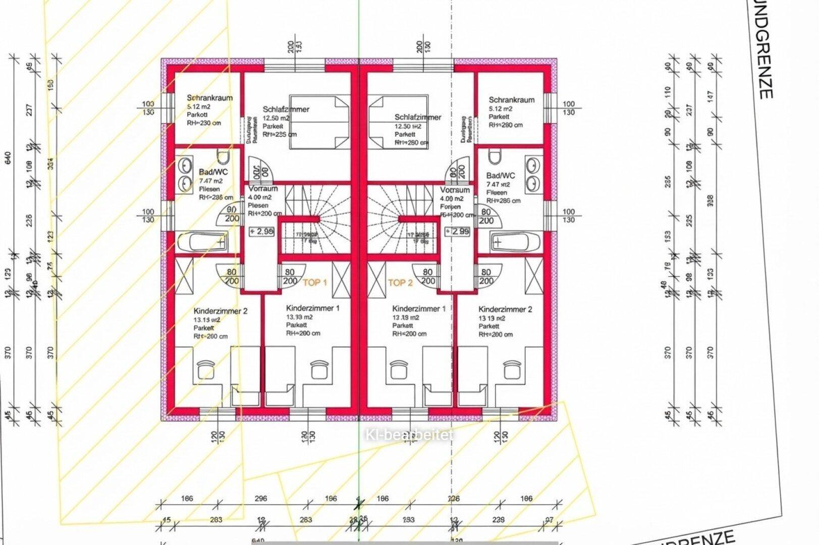Grundriss des Obergeschosses einer Doppelhaushälfte mit zwei Schlafzimmern, zwei Kinderzimmern und einem Hauptbadezimmer.