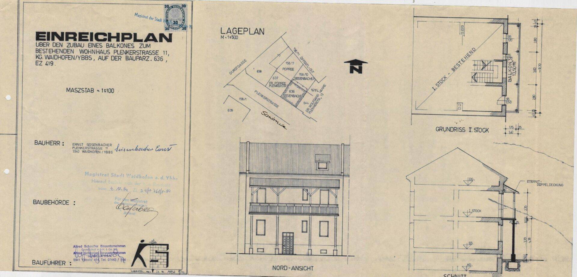 Einreichplan für einen Balkonzubau mit Lageplan, Grundriss und Ansichten des Wohnhauses.