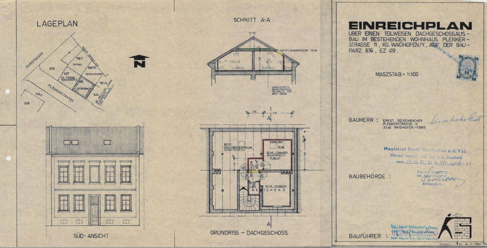 Einreichplan für einen Dachgeschossausbau mit Lageplan, Grundriss und Ansichten des Wohnhauses.