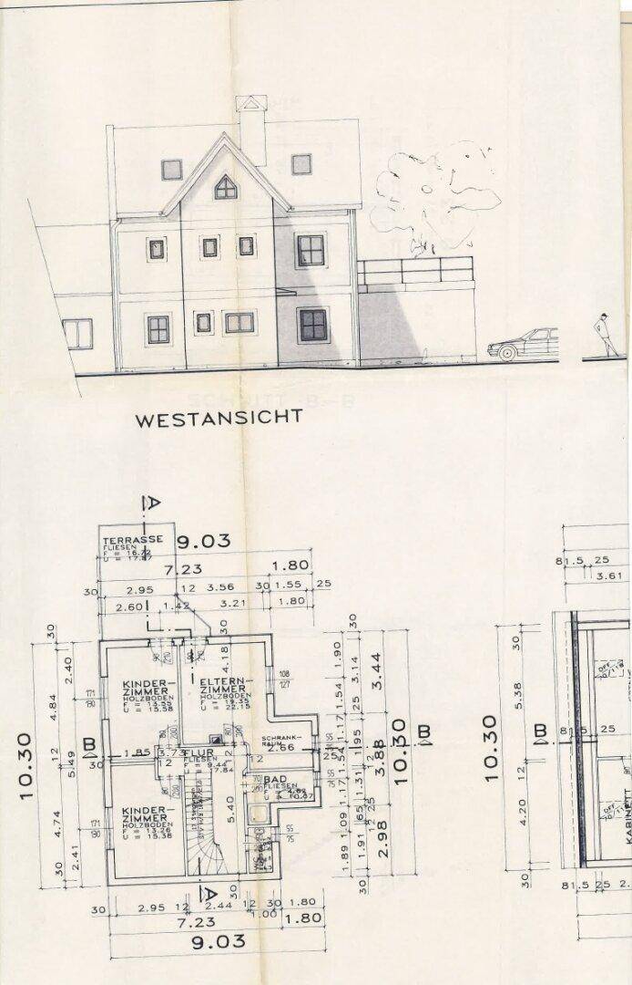Grundriss der Westansicht mit Kinderzimmern, Elternschlafzimmer und Terrasse.
