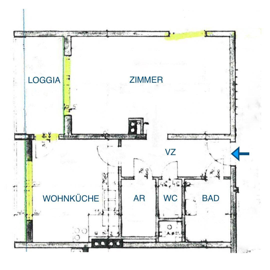 Grundriss einer Wohnung mit Wohnküche, Zimmer, Bad, WC und Loggia.