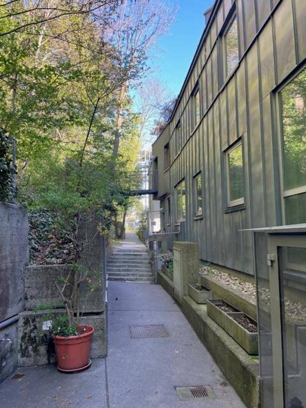 Schmale Gasse entlang einer modernen Gebäudefassade mit viel Grün.