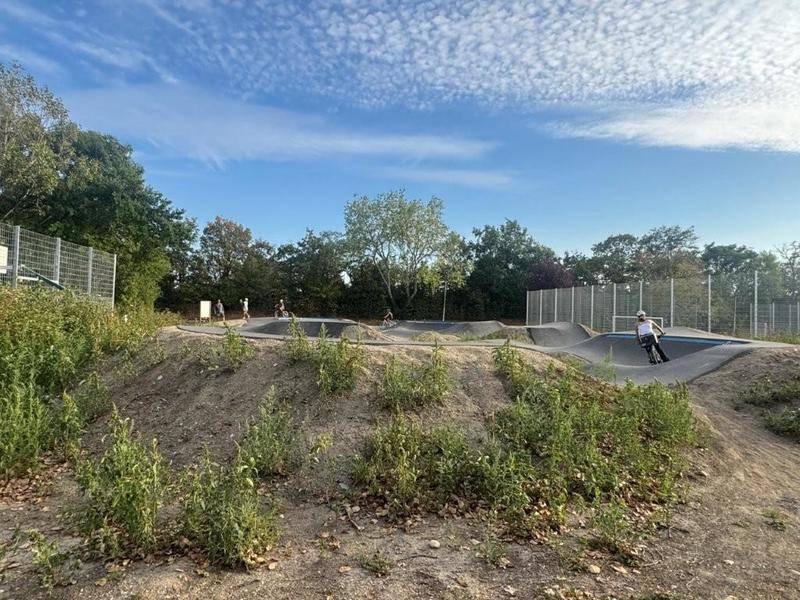 Pumptrack für Fahrräder in einer grünen Umgebung mit Bäumen im Hintergrund.