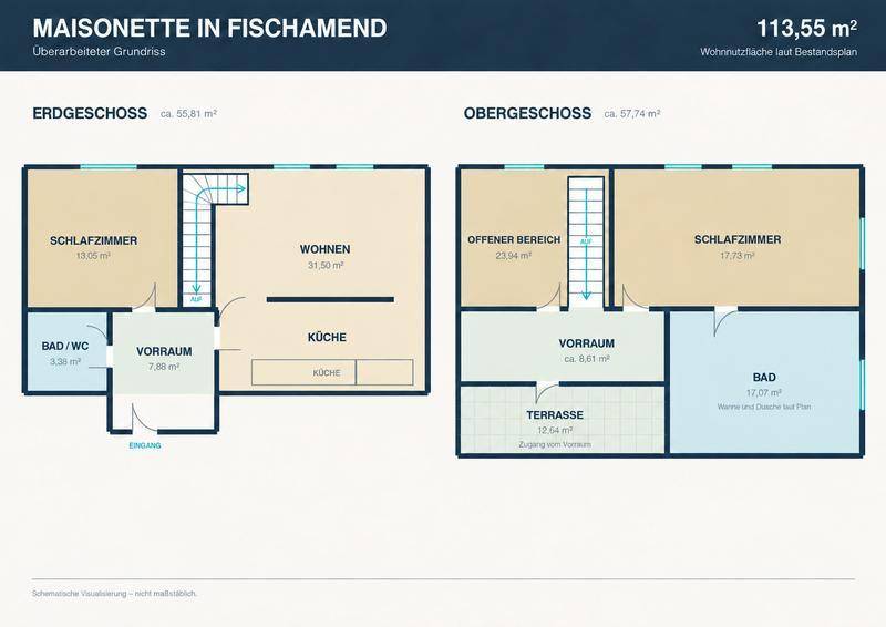Überarbeiteter Grundriss einer Maisonette-Wohnung mit Erdgeschoss und Obergeschoss, insgesamt 113,55 m².
