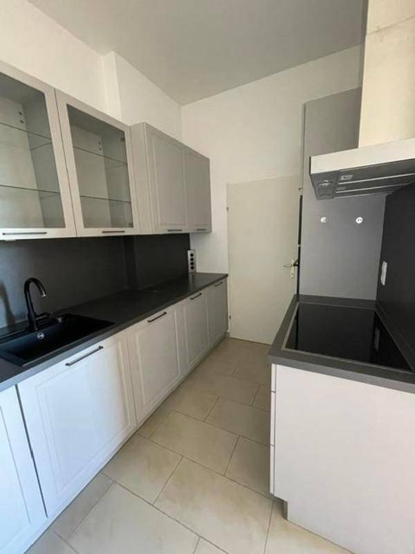 Moderne Küche mit hellgrauen Schränken, Induktionskochfeld und Dunstabzugshaube.