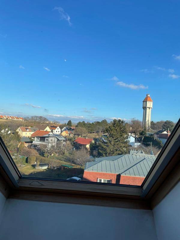 Weitblick aus einem Dachfenster über eine ländliche Siedlung mit Wasserturm.