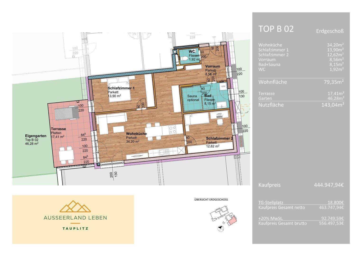 Grundrissplan einer Erdgeschosswohnung mit Wohnküche, zwei Schlafzimmern, Bad, WC und Terrasse.