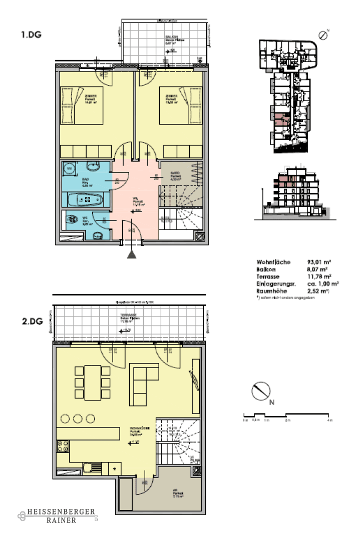 Grundriss einer Maisonette-Wohnung über zwei Etagen mit Balkon und Terrasse.