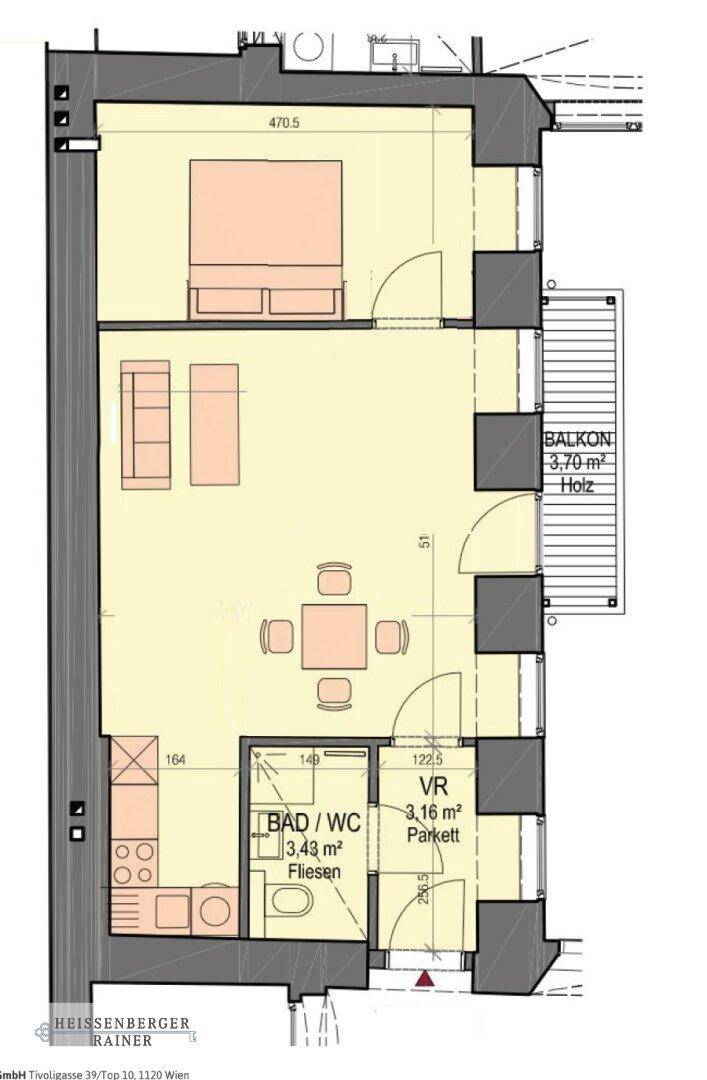 Grundriss der Wohnung zeigt Schlafzimmer, offenen Wohnbereich und einen Balkon.