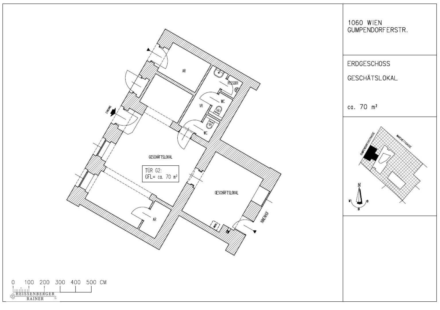 Grundriss eines Geschäftslokals im Erdgeschoss mit ca. 70 m² Fläche und Toiletten.