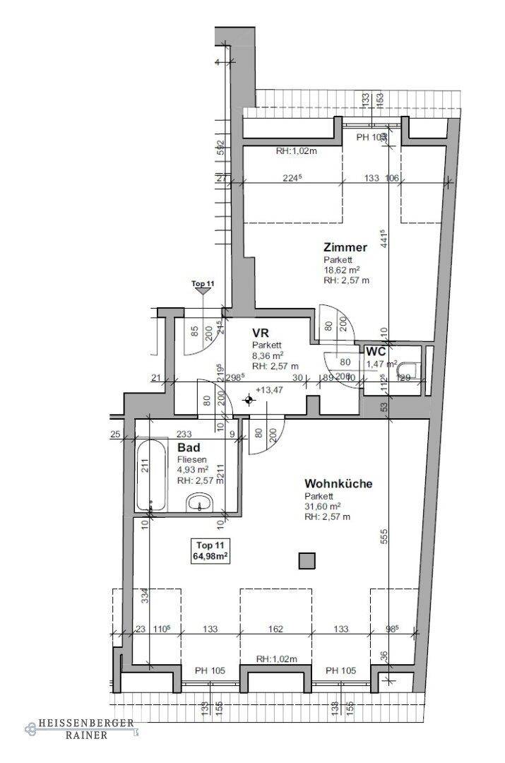 Grundriss der Wohnung mit Wohnküche, Bad, separatem WC und einem weiteren Zimmer.