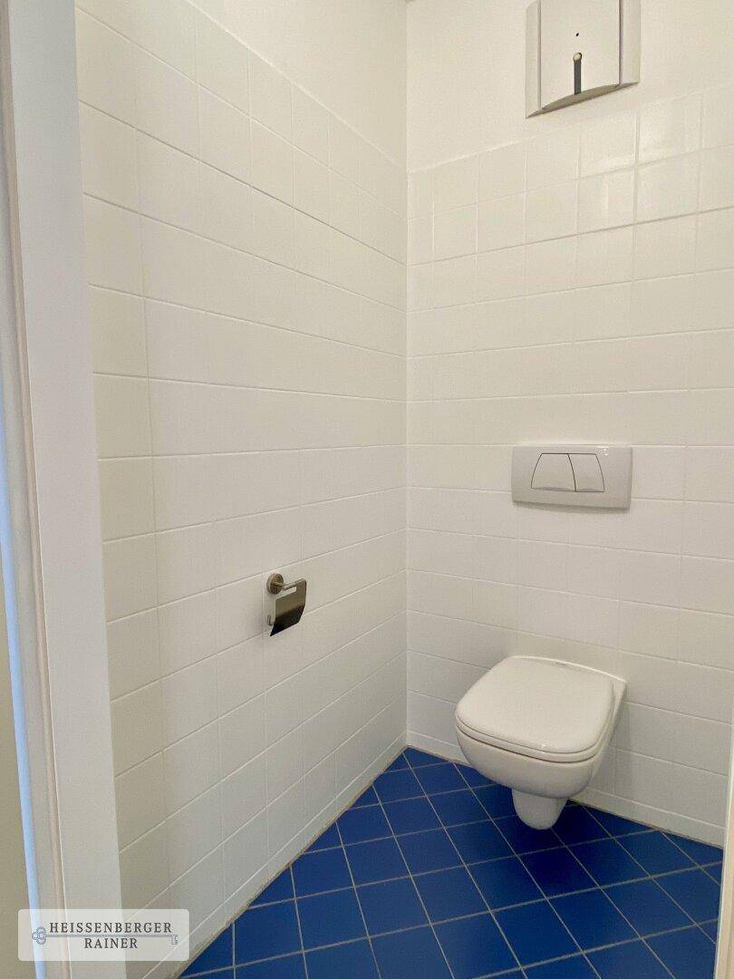Separates WC mit Wand-WC und blauen Bodenfliesen, sauber und funktional gestaltet.