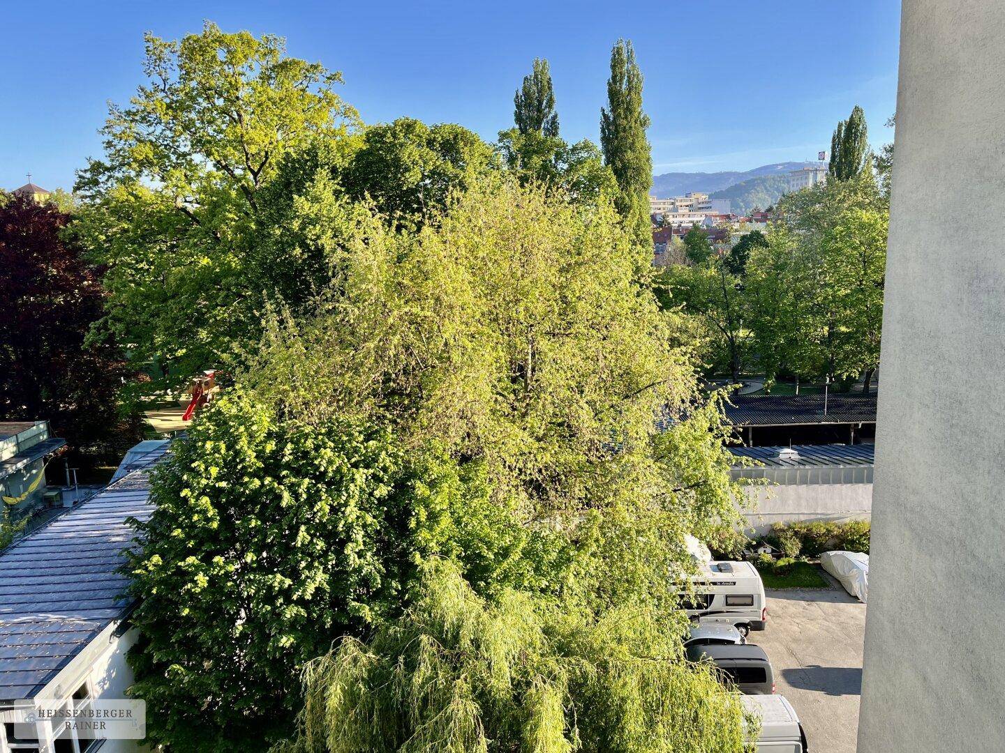 Weitblick über grüne Bäume, Dächer und entfernte Berge unter blauem Himmel.