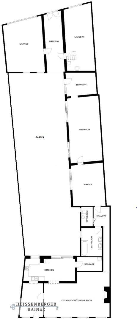 Detaillierter Grundriss eines Hauses mit Garage, Waschküche, zwei Bädern, offener Wohnküche und großem Garten.