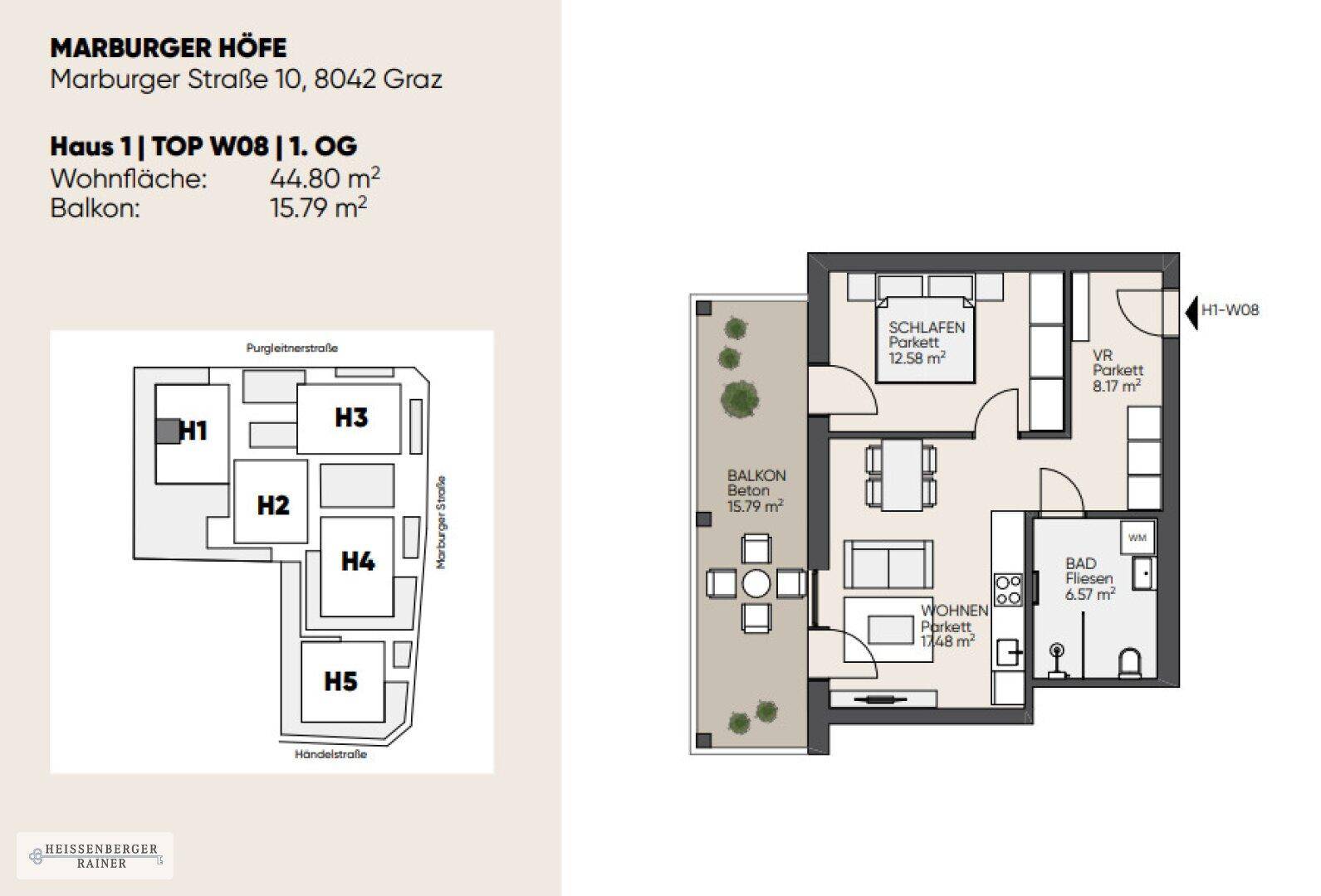 Grundriss der Wohnung mit offenem Wohnbereich, Schlafzimmer und großem Balkon.