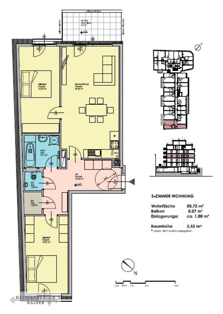 Grundriss einer 3-Zimmer-Wohnung mit Balkon und detaillierter Raumaufteilung.