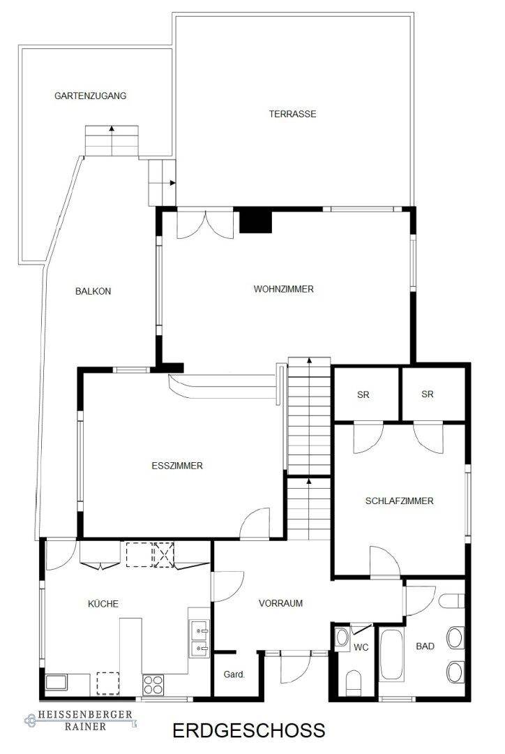 Grundriss des Erdgeschosses mit Küche, Esszimmer, Wohnzimmer, Schlafzimmer und Bädern.