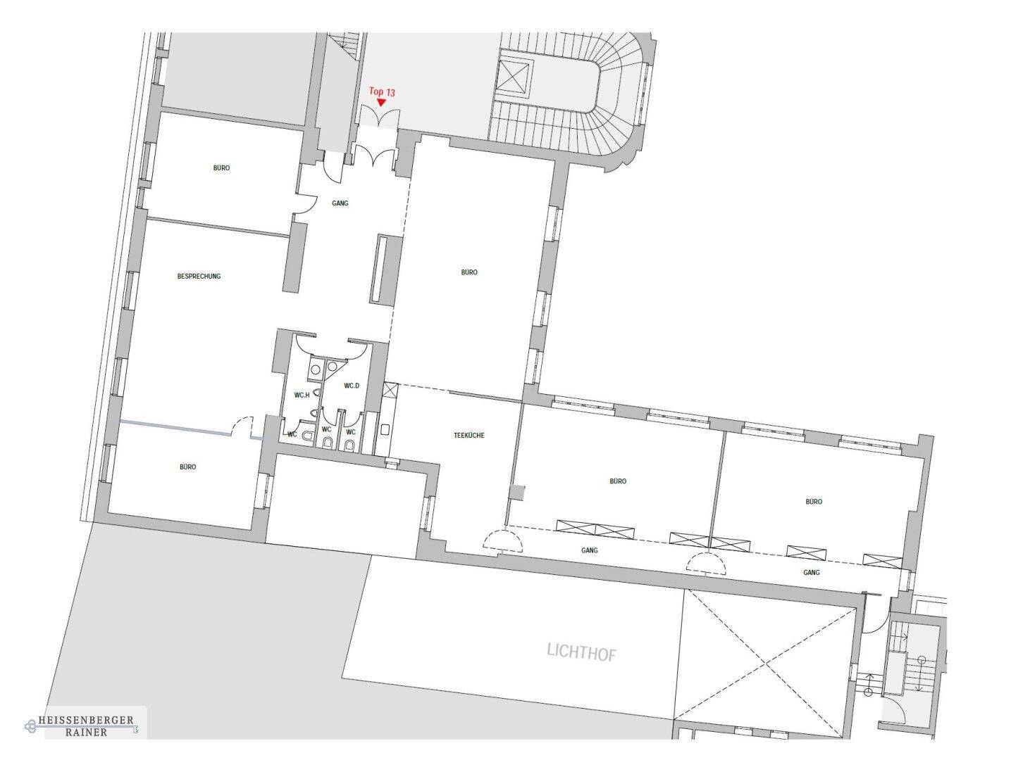 Grundrissplan einer Büroetage mit mehreren Büroräumen, Teeküche, Toiletten und einem Lichthof.