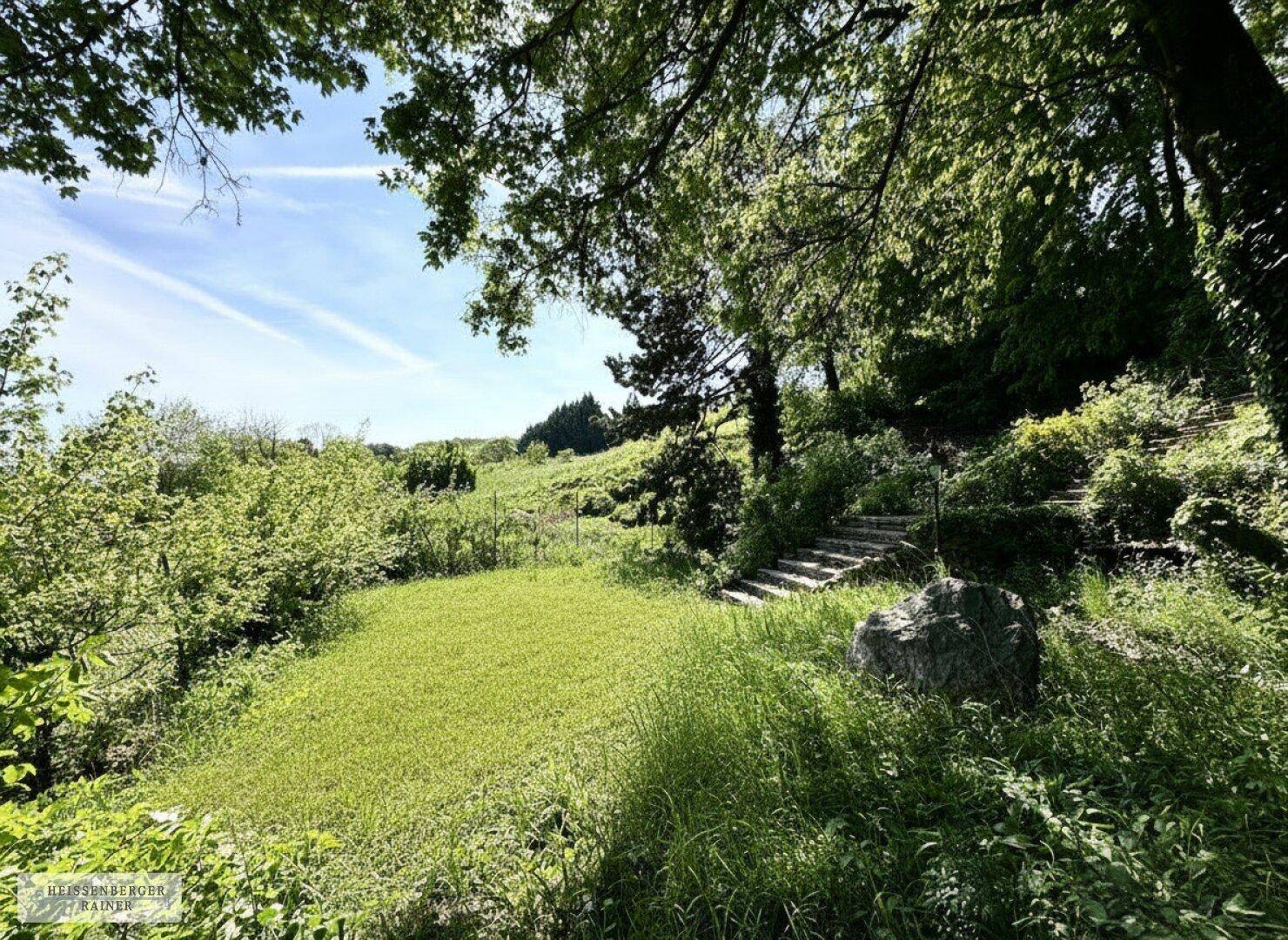 Terrassierter Gartenbereich mit Natursteintreppe und üppiger Vegetation.