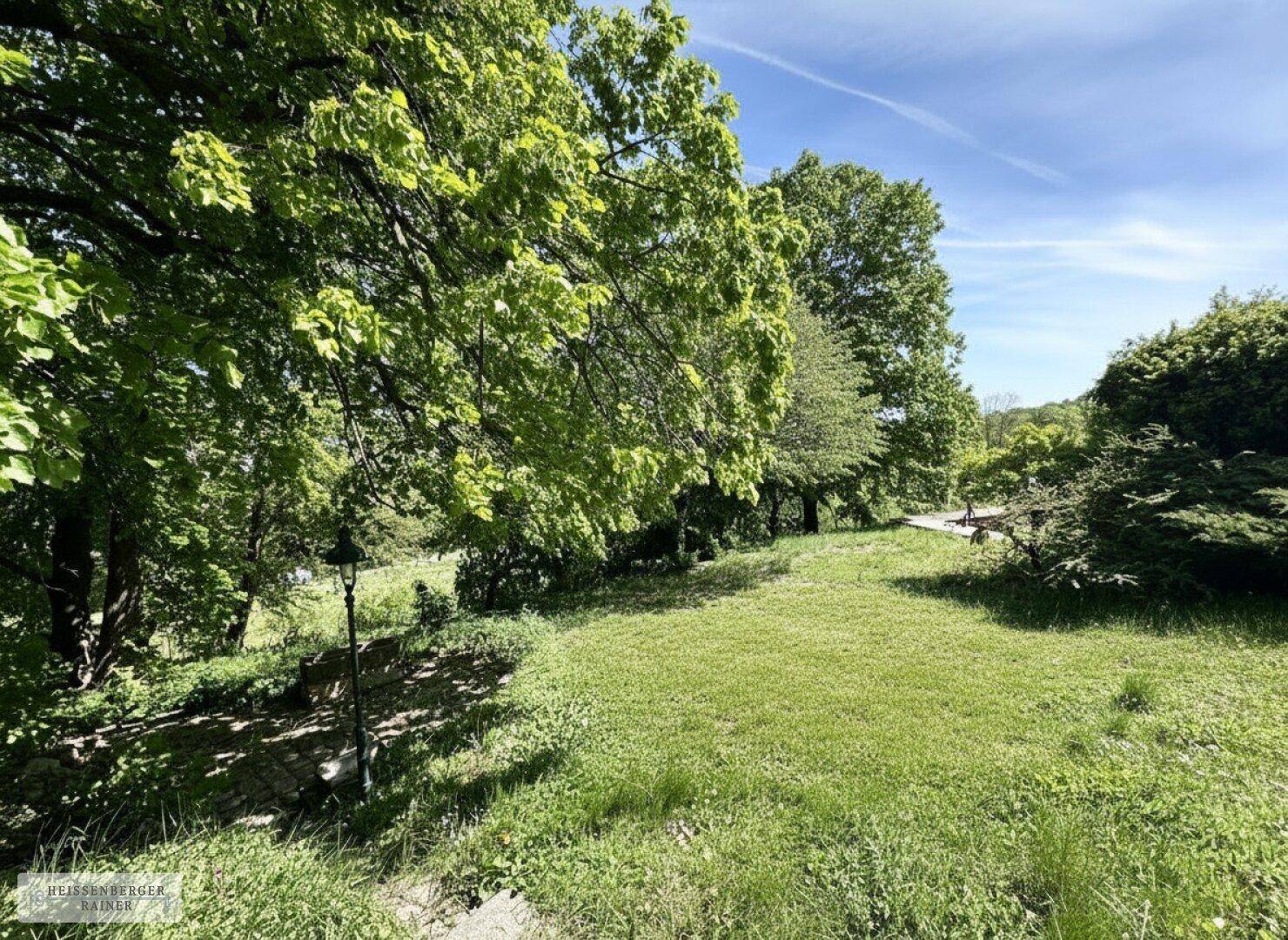 Sanft abfallender Gartenbereich mit altem Baumbestand und einer Laterne.