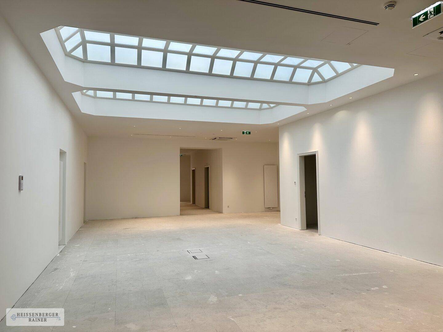 Großer, heller Raum mit markanten Dachfenstern, die viel Tageslicht hereinlassen.