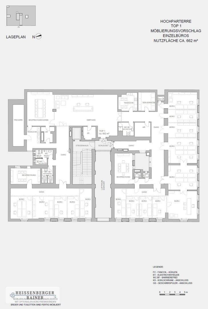 Detaillierter Grundriss eines Hochparterre-Büros mit einer Nutzfläche von ca. 662 m².