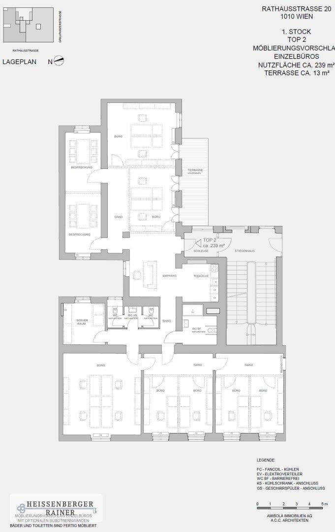 Grundriss einer Büroetage mit mehreren Räumen und einer Terrasse von 13 m².