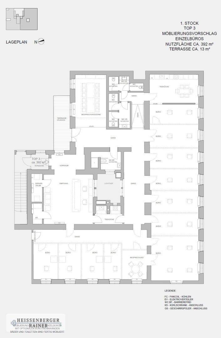 Grundriss des ersten Stocks, Top 3, mit einer Nutzfläche von ca. 392 m² und einer Terrasse von 13 m².
