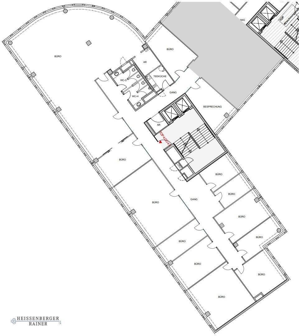 Grundrissplan einer Büroetage mit mehreren Büroräumen, Teeküche und Sanitäranlagen.