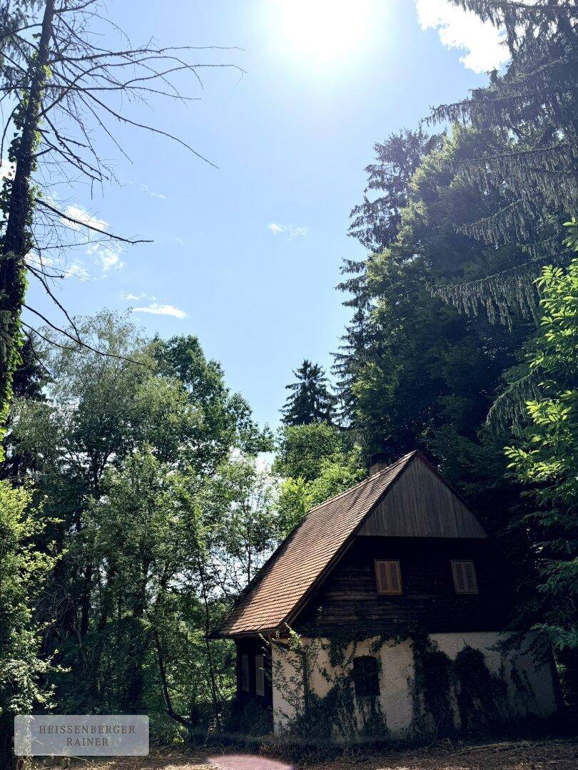 Altes Haus mit rotem Ziegeldach, umgeben von hohen Bäumen unter einem strahlend blauen Himmel.