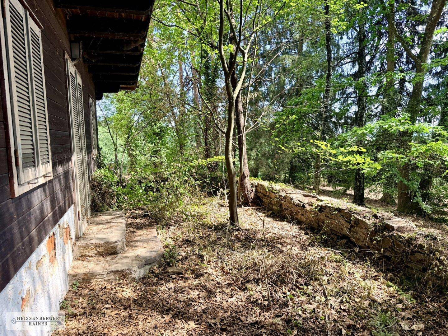 Seitenansicht eines Holzhauses mit Fensterläden, einer Steinmauer und einem verwilderten, bewachsenen Bereich.