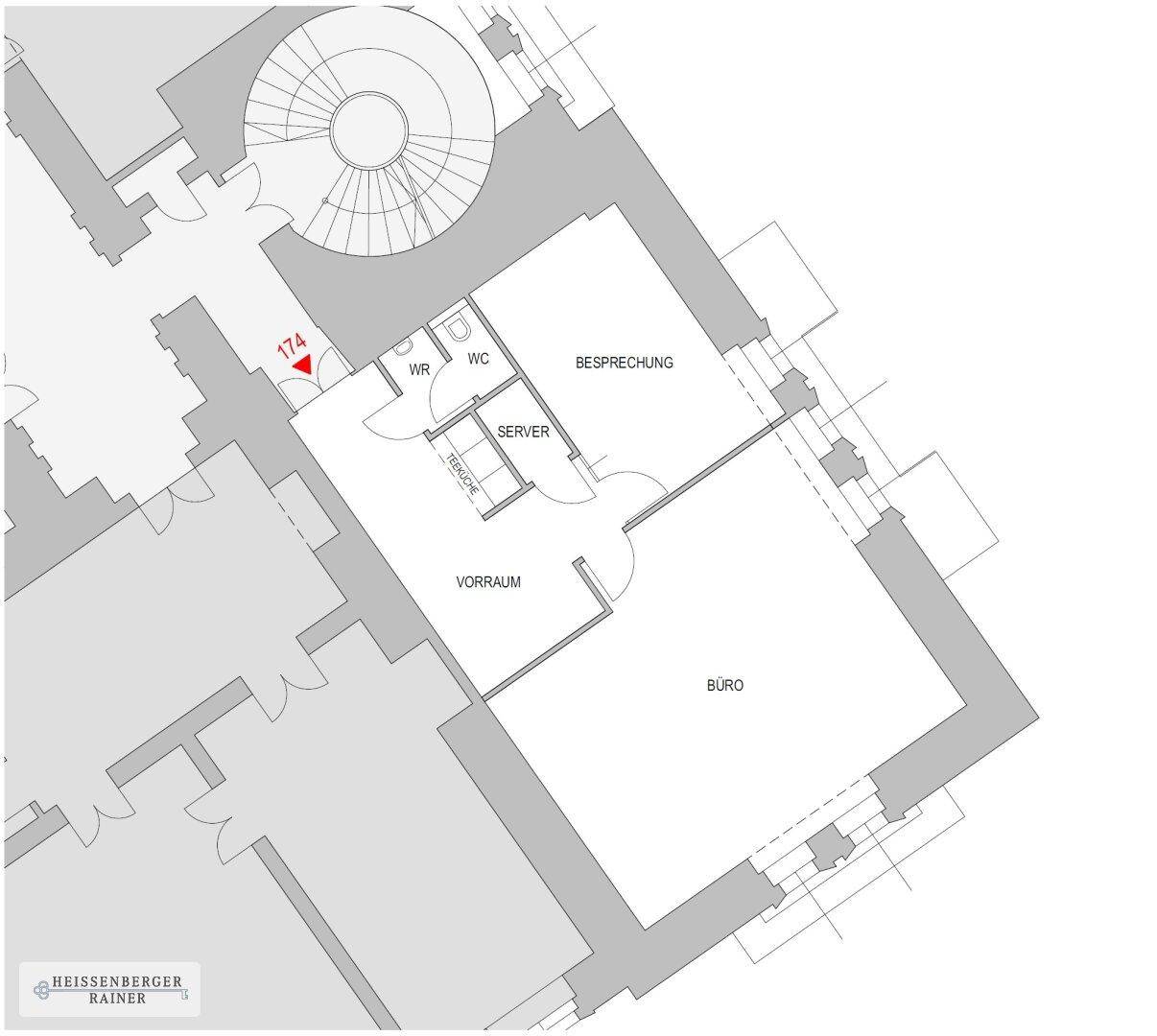 Grundrissplan einer Büroetage mit Besprechungsraum, Serverraum und WC-Bereich.