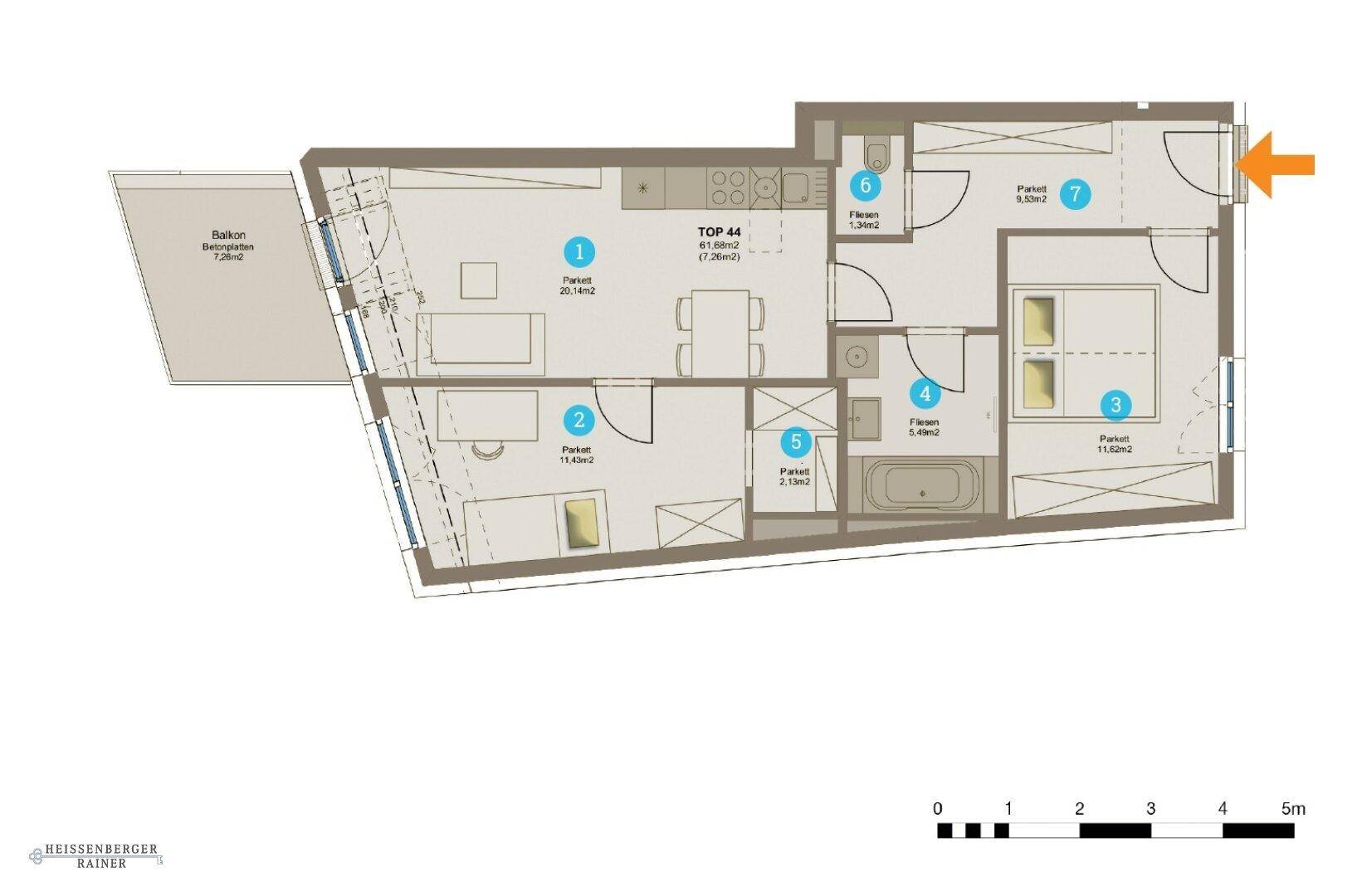 Detaillierter Grundriss einer Wohnung mit drei Zimmern, Bad und Balkon.