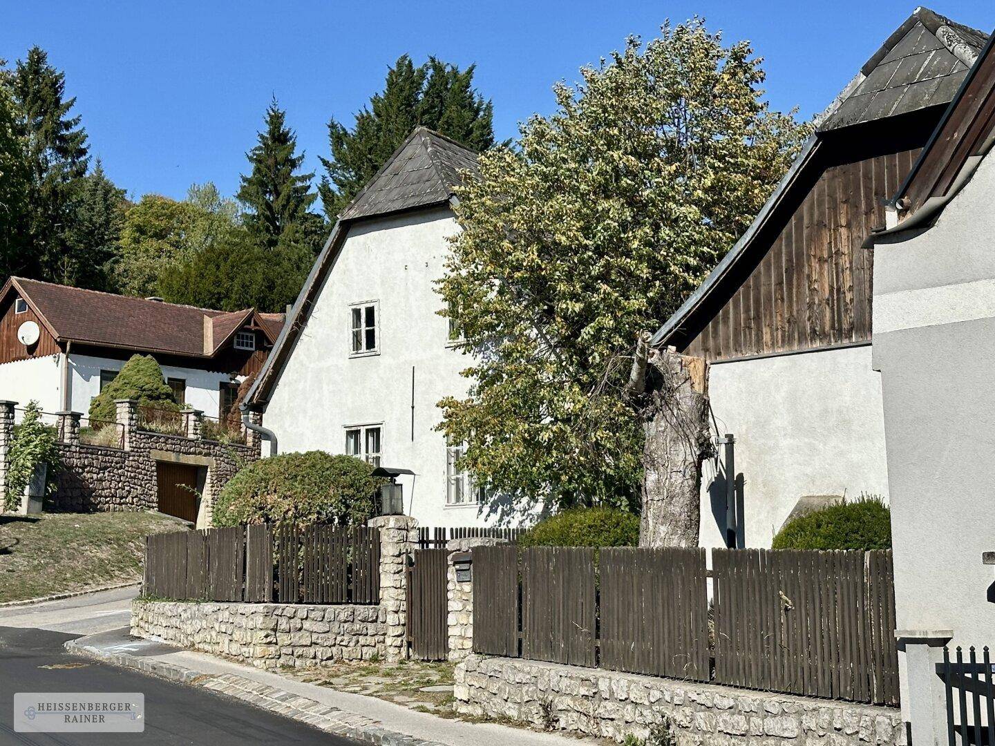 Ansicht mehrerer traditioneller Häuser entlang einer ruhigen Straße mit gepflegten Vorgärten.