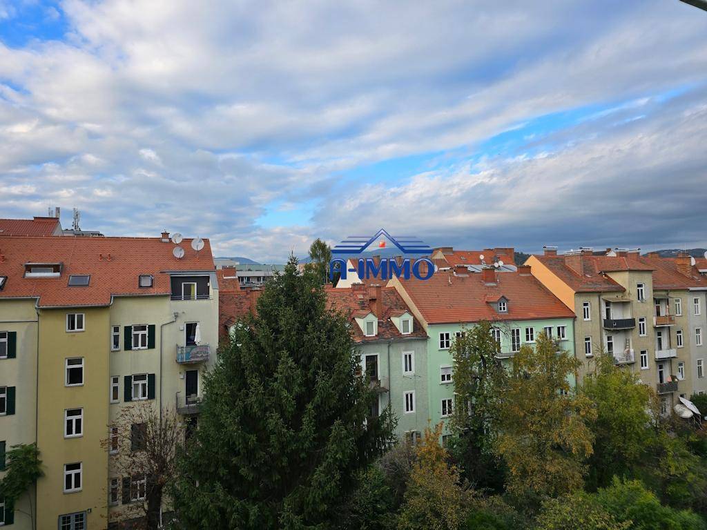Panoramablick über die Dächer der Stadt mit umliegenden Wohngebäuden und Bäumen.