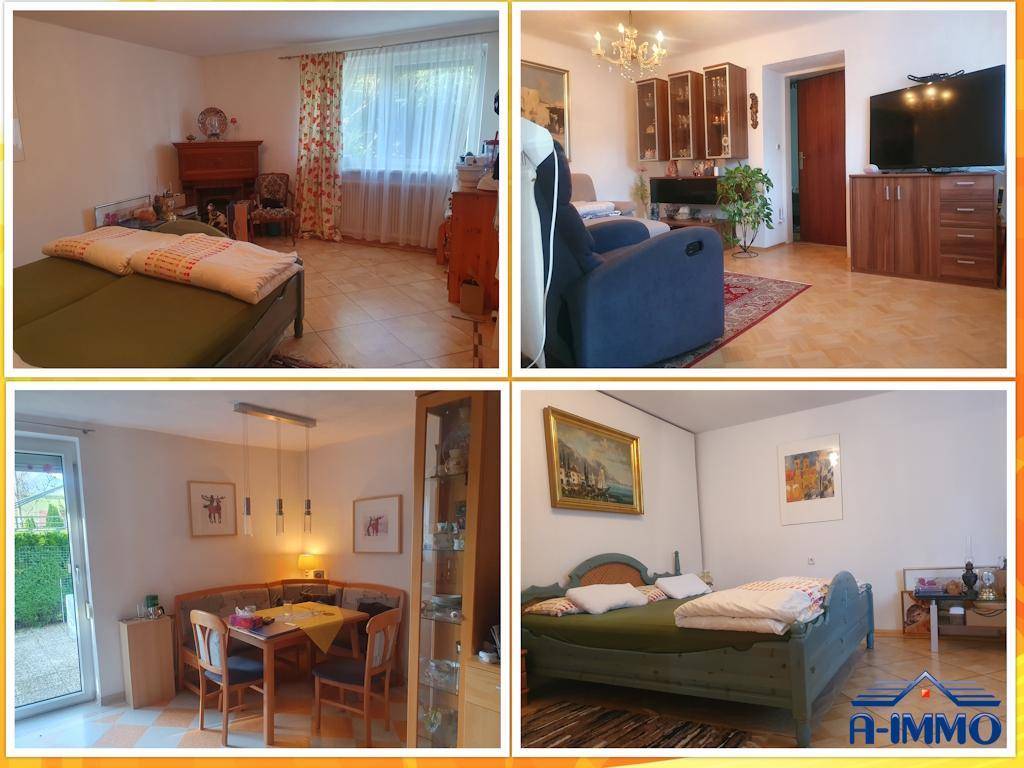 Verschiedene Innenräume des Hauses, darunter Schlafzimmer, Wohnzimmer und Essbereich.