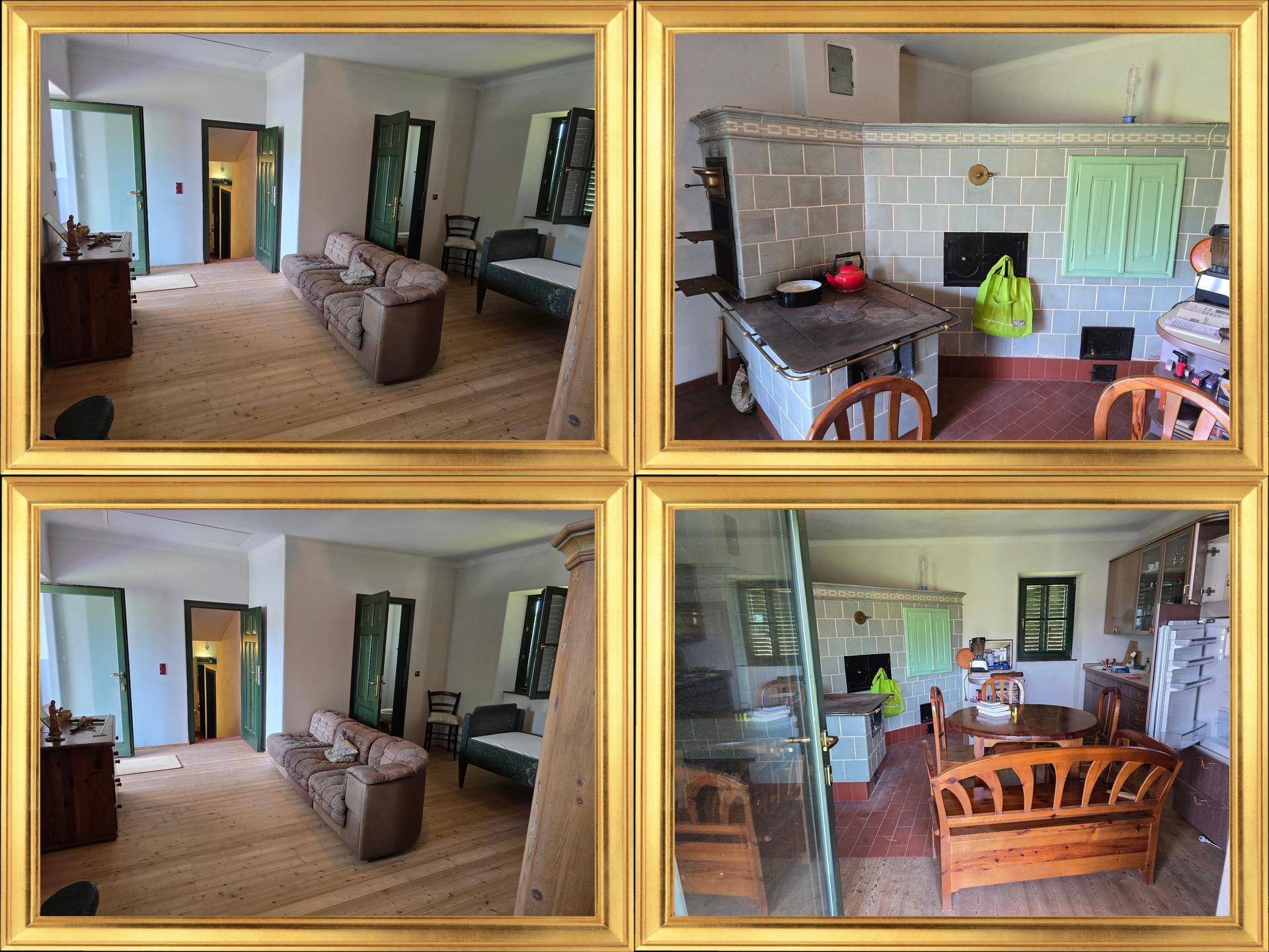 Collage zeigt Wohnzimmer mit Sofa und traditionelle Küche mit Kachelofen und Essbereich.