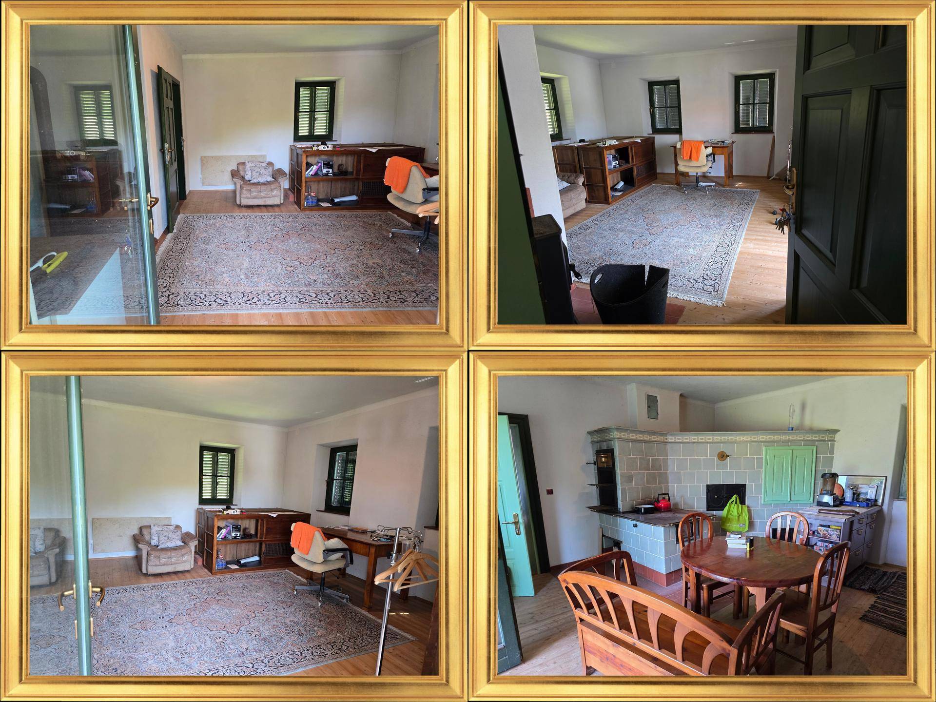 Collage zeigt Arbeitszimmer mit Teppich und traditionelle Küche mit Kachelofen und Essbereich.