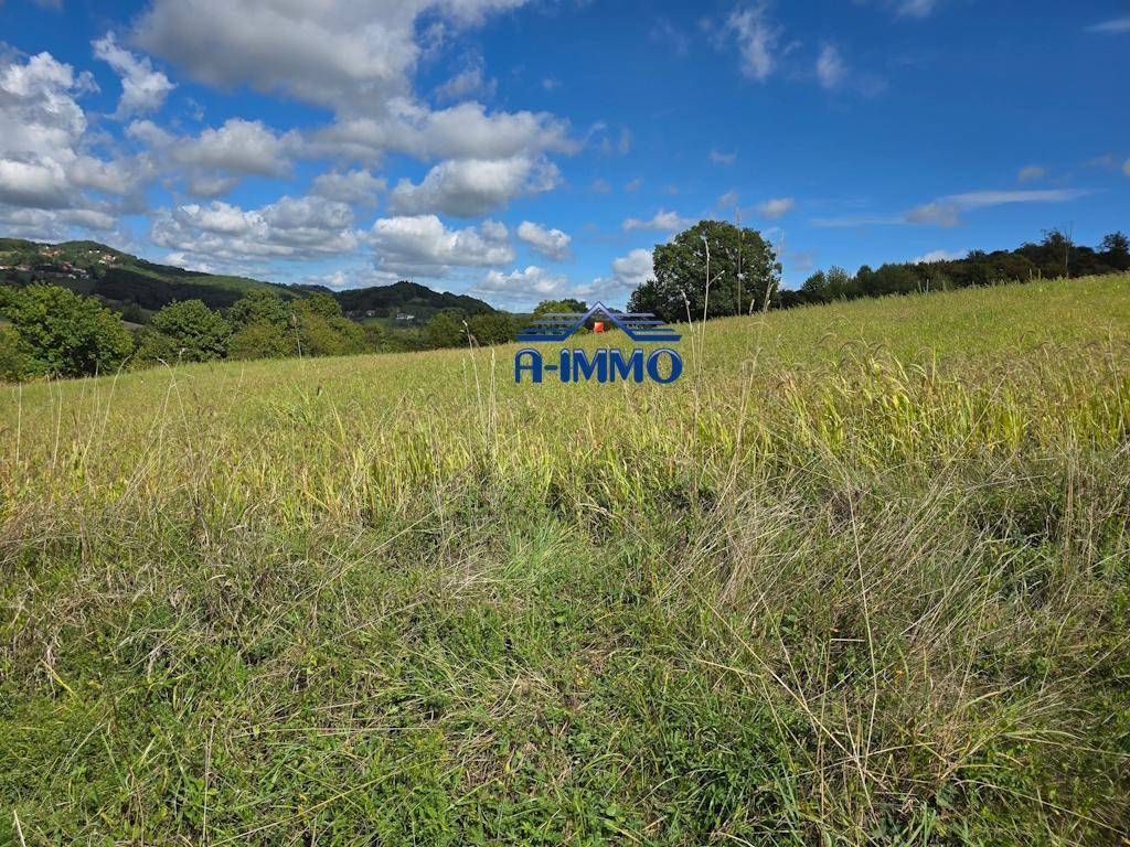 Panoramablick über weite grüne Felder und bewaldete Hügel unter einem klaren blauen Himmel.
