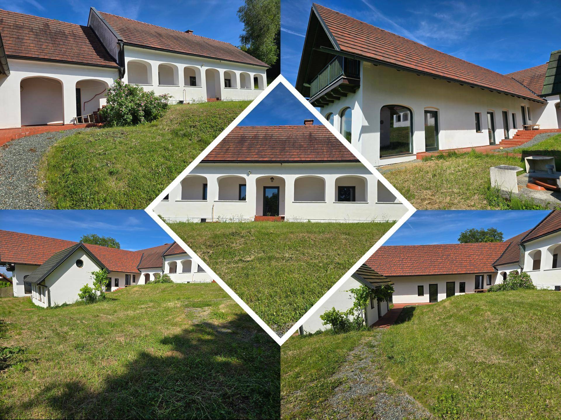 Außenansichten eines modernen Gebäudes mit weißer Fassade, braunem Dach und weitläufigen Grünflächen.