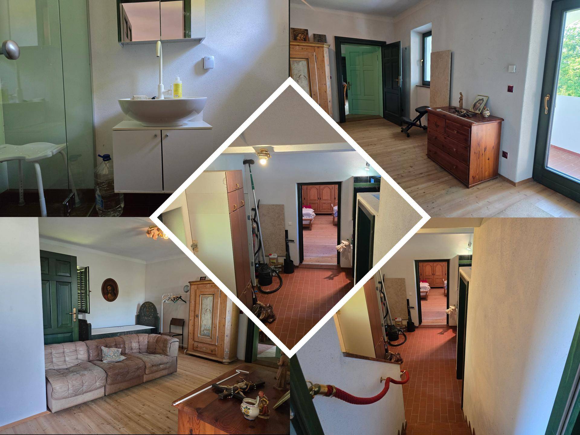Collage präsentiert verschiedene Innenbereiche wie Badezimmer, Wohnzimmer und Flur.