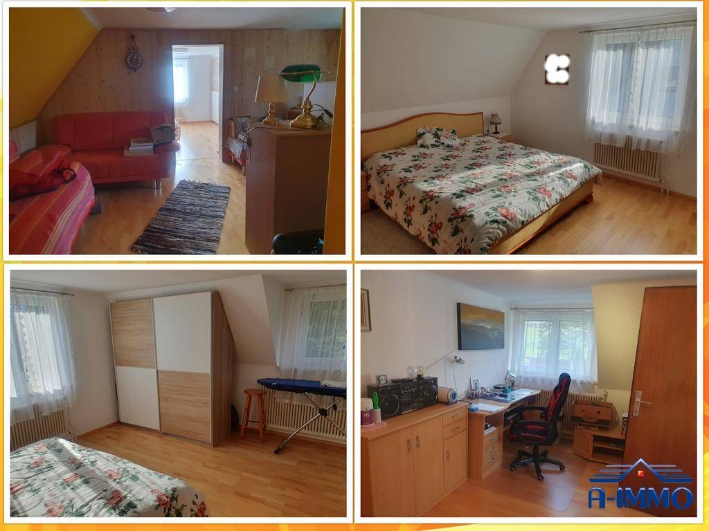 Verschiedene Schlaf- und Wohnbereiche im Dachgeschoss mit Holzverkleidung und Schrägen.