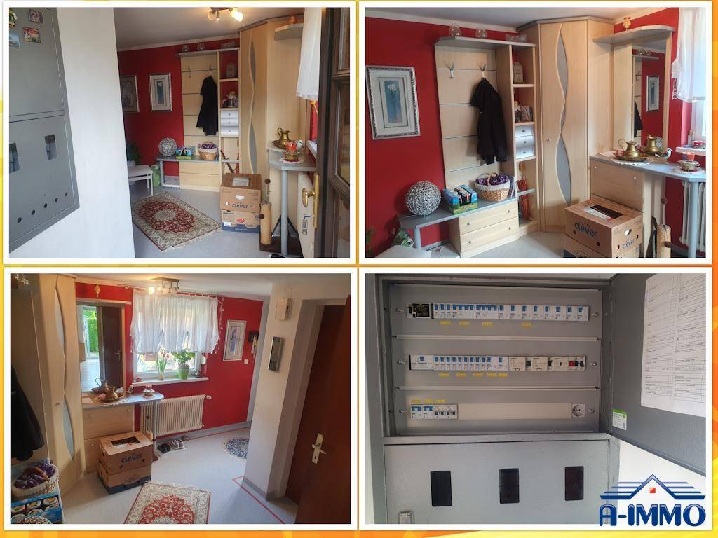 Collage zeigt Flurbereich mit roter Wandgestaltung und den Sicherungskasten des Hauses.