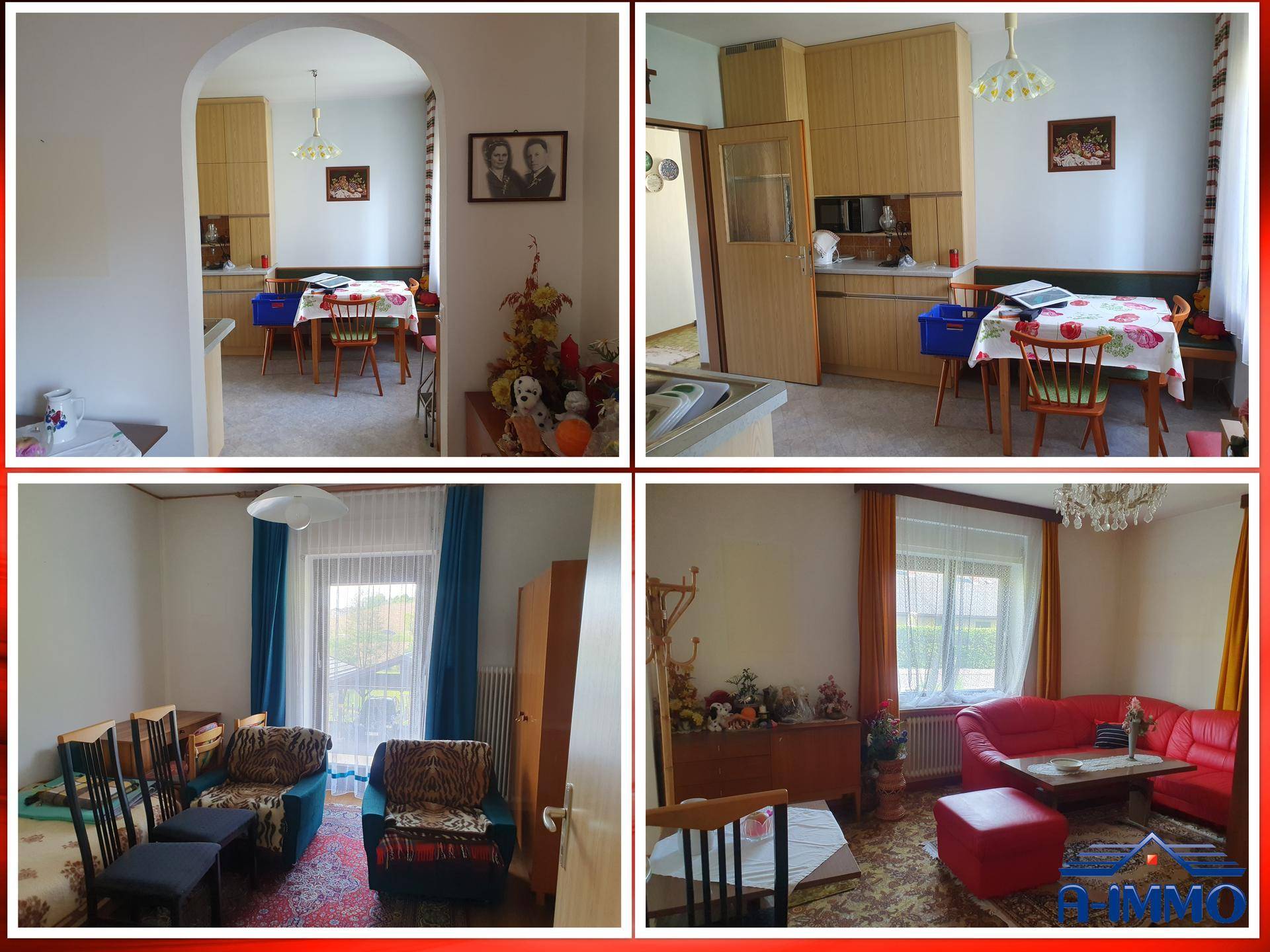 Innenräume mit Küche, Essbereich und Wohnzimmer, gekennzeichnet durch traditionelle Holzmöbel und Dekoration.