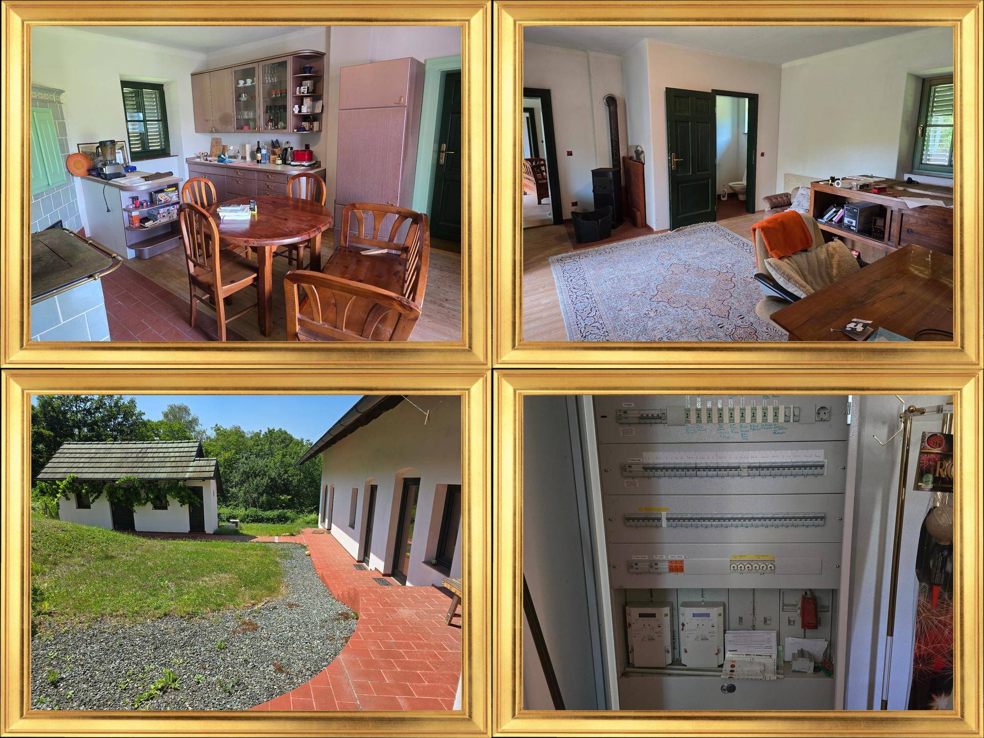 Collage mit Küchenansicht, Außenbereich des Hauses und elektrischem Sicherungskasten.